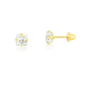 Brinco Ouro 18K Infantil | Pedra Quadrada Branca