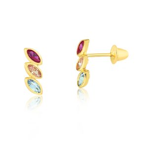 Brinco Ouro 18K Infantil Pedras Coloridas