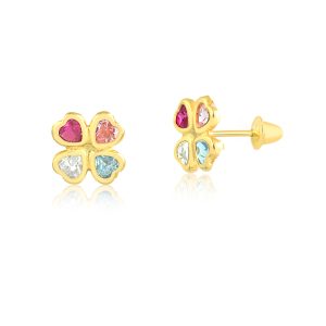 Brinco Ouro 18K Infantil Trevo Pedras Coloridas