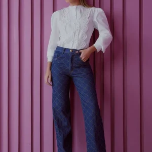 CALÇA RETA JEANS MATELASSÊ JEANS ESCURO